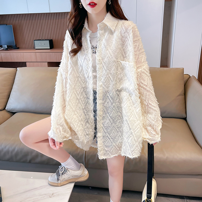 實拍-2024夏季流蘇網紗防曬襯衫大碼寬鬆百搭上衣女