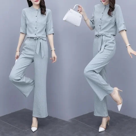 新款時尚套裝女韓版時髦洋氣條紋顯瘦兩件套闊腳褲
