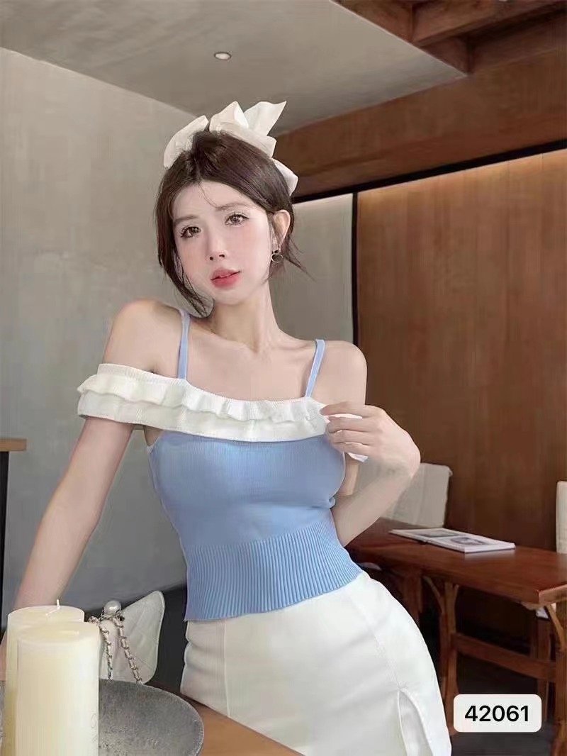 Sexy pure desire one-shoulder suspender women's ruffled short vest summer French style gentle lady slim knitted top
