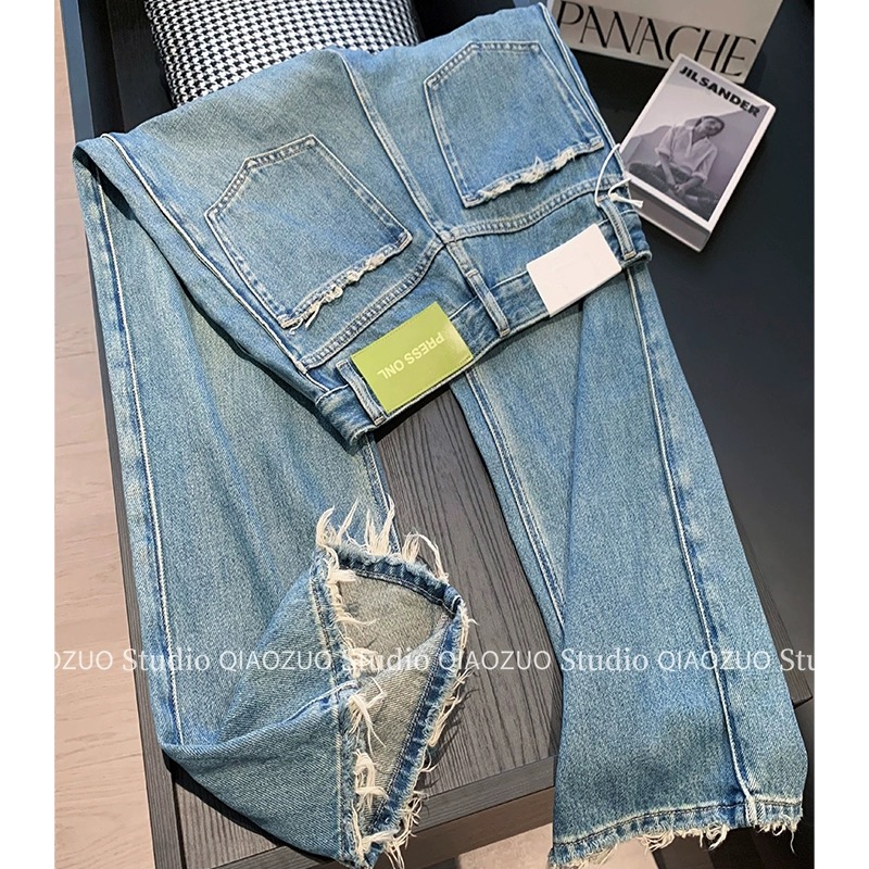 美式復古直筒牛仔褲女秋冬潮牌小個子高腰寬鬆拖地撞色休閒闊腿褲