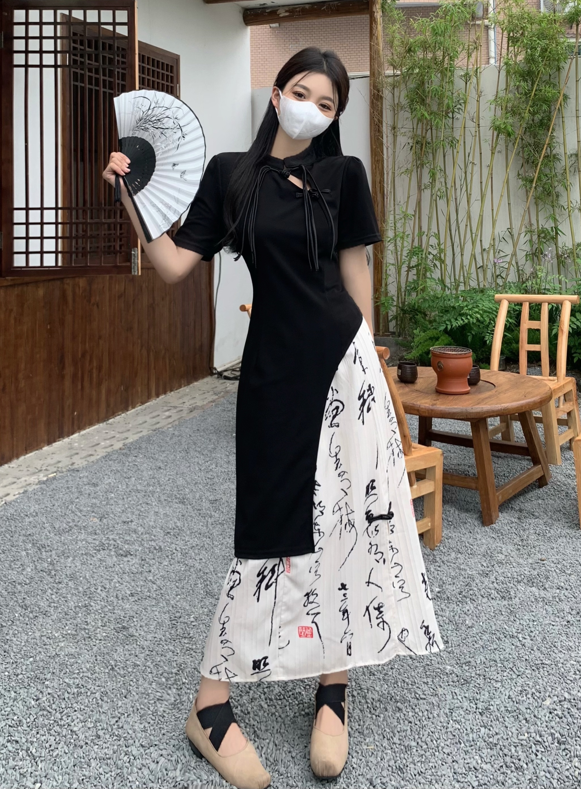 實拍~大碼女裝新中式國風書法丹青半身裙+不規則收腰顯瘦T恤