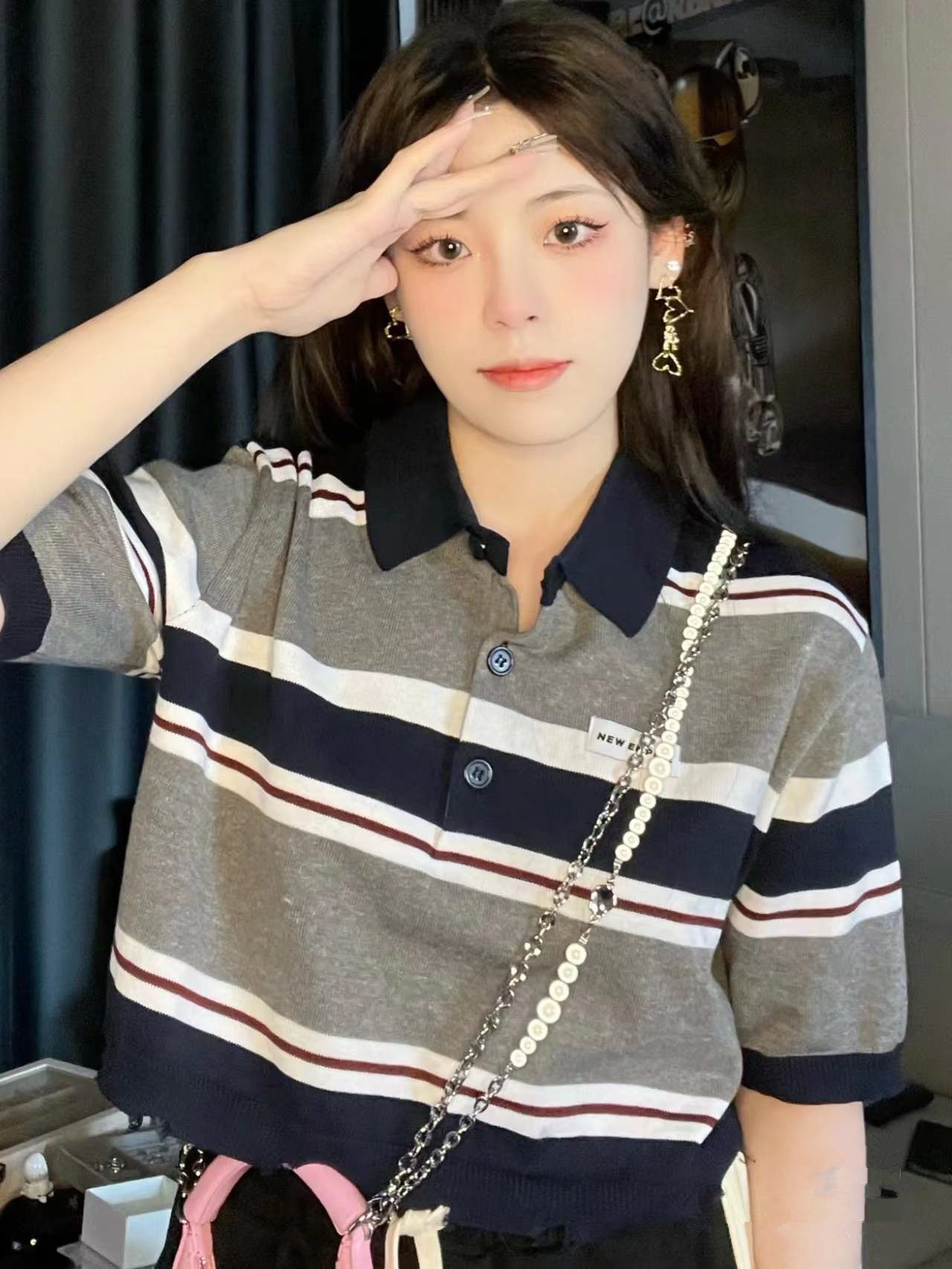 國潮美式復古條紋針織短袖t恤女夏季小眾短款辣妹上衣ins潮
