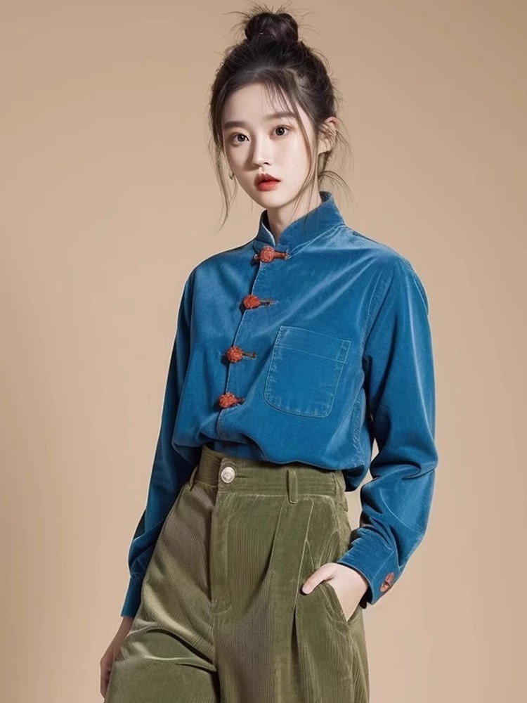 中式國風襯衫上衣女春裝2024年新款甜辣內搭設計感孔雀綠打底襯衣