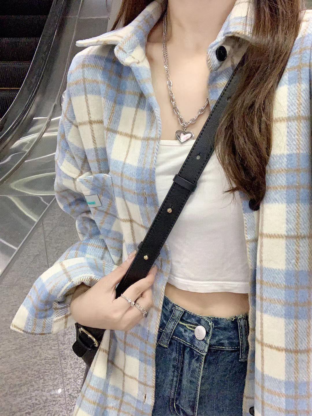 磨毛春季薄款森系清新藍色格子襯衫女襯衣外搭開衫寬鬆慵懶風上衣