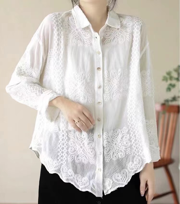 文藝刺繡純棉長袖襯衫2024新款女秋季襯衣寬鬆休閒Polo領白色上衣