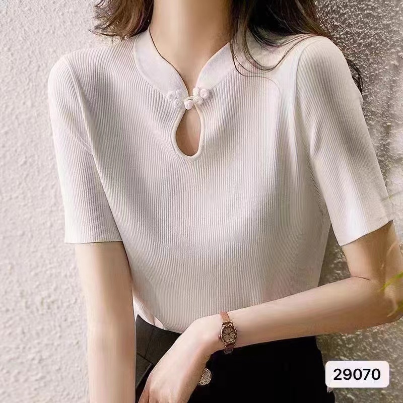Summer new style ancient country style buckle embellished solid color versatile short-sleeved top for women