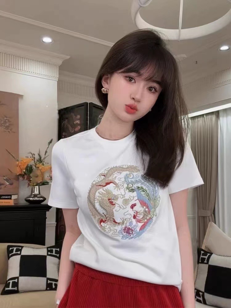 中式國風復古龍鳳紋刺繡短袖t恤女2024新款百搭顯瘦圓領打底上衣