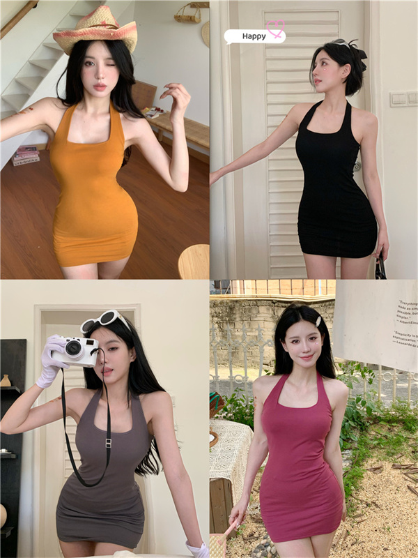 實拍 掛脖性感修身包臀露背連衣裙