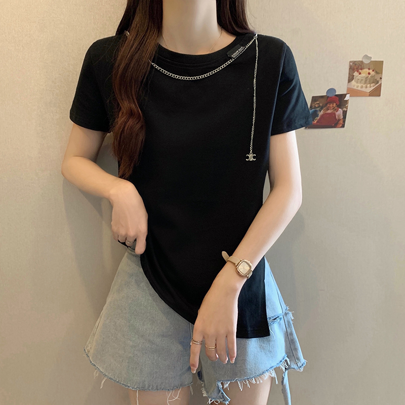 實拍大碼女裝夏季新款掛飾設計感寬鬆不規則顯瘦短袖T恤上衣