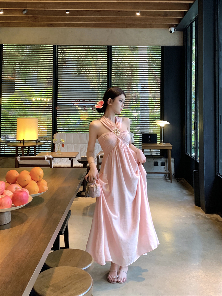 實拍 女神風度假連衣裙新款粉色掛脖長裙