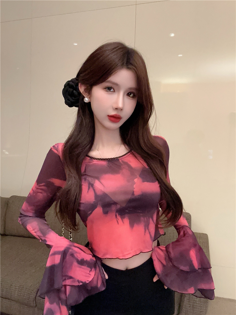 實拍~2024新款純欲辣妹洋氣修身水墨色印花暈染透視網紗上衣