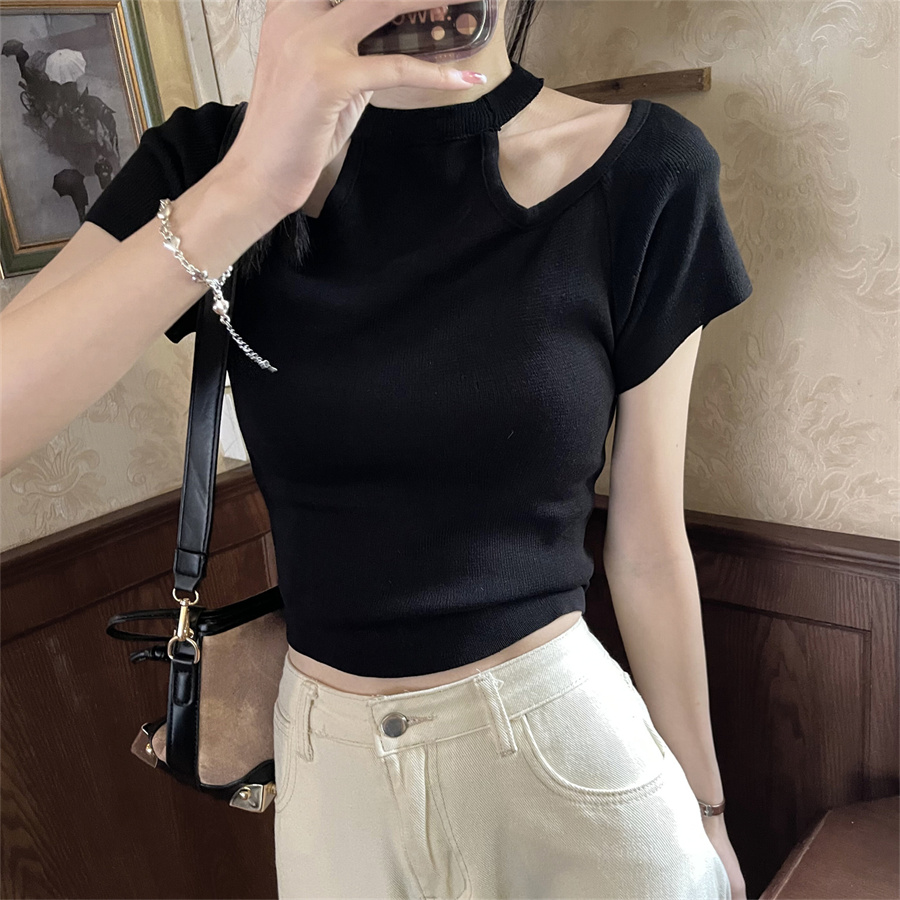 實拍純色鏤空露肩短袖t恤女夏洋氣百搭純欲短款上衣