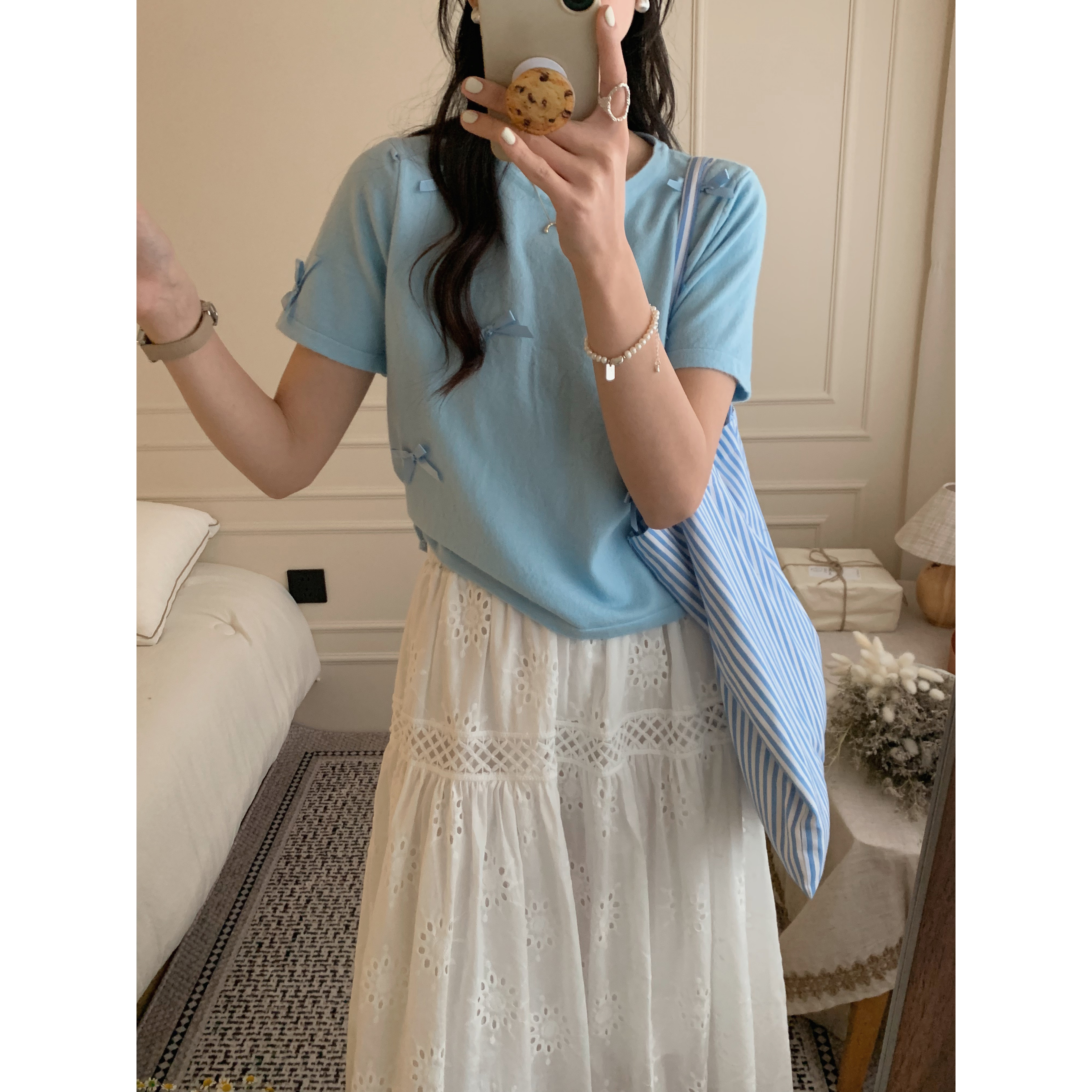 實拍#  簡約 圓領 蝴蝶結上衣+唯美蕾絲半身裙
