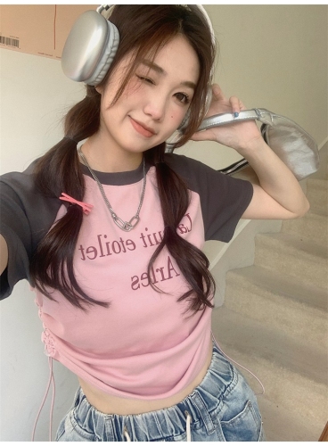 Summer new American retro contrasting color slim-fit bottoming short-sleeved T-shirt female hot girl short top