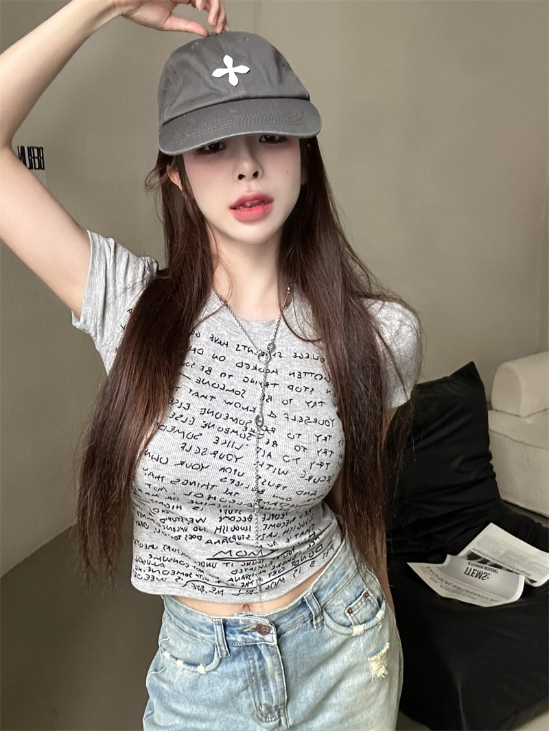 實拍 美式街頭復古印花正肩短袖t恤女辣妹修身顯瘦休閒圓領T