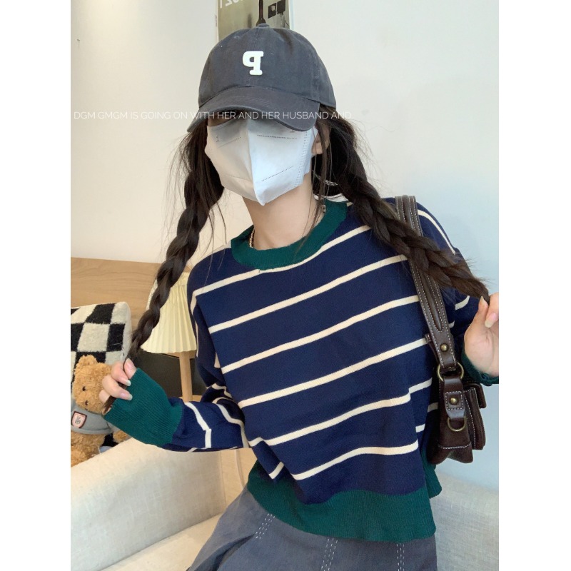 美式chic條紋撞色圓領針織衫女夏秋季新款甜美內搭寬鬆短款上衣