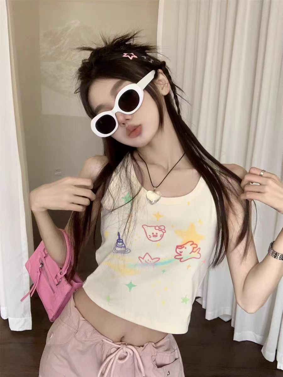 官圖 無袖上衣女背心夏季新款小眾設計感塗鴉印花辣妹短款吊帶潮