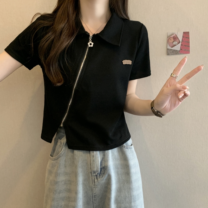 官圖 大碼polo領正肩短袖T恤女夏季洋氣設計感拉鏈開衫短款上衣