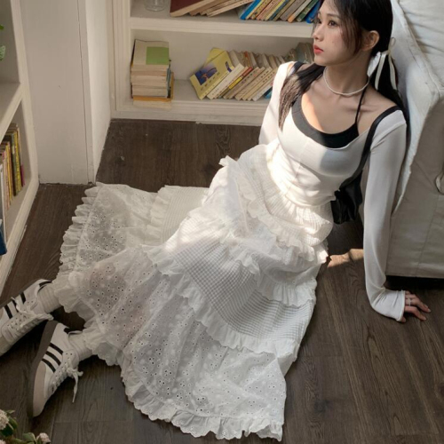 kumikumi gentle style hollow crochet skirt women's spring high-waisted A-line cake skirt long skirt white skirt