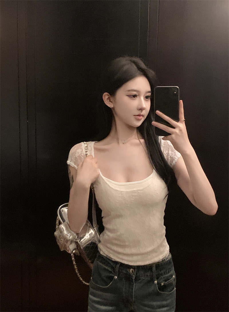 實拍 白色蕾絲短袖T恤女夏季正肩性感緊身顯瘦甜辣妹上衣