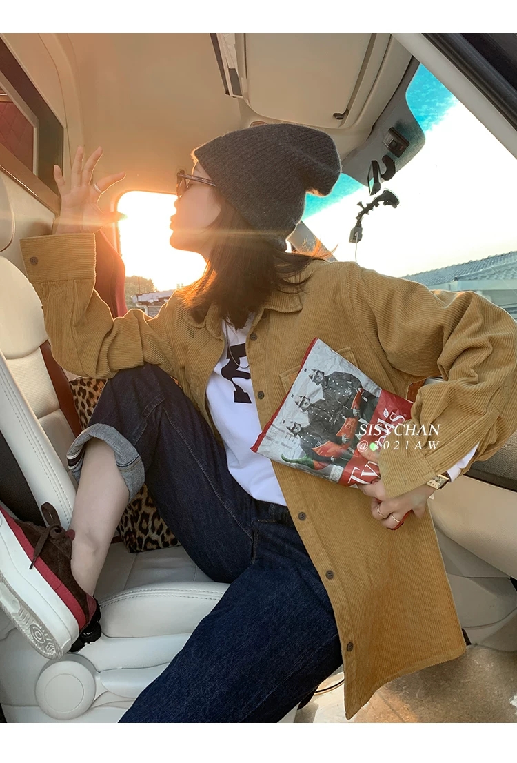 燈芯絨襯衫女2024年新款早春秋季外穿襯衣設計感小眾法式別致上衣