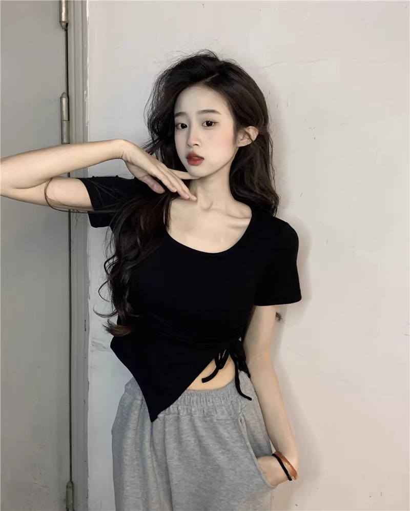 Official picture 40 count 210g pure cotton design summer new irregular drawstring short-sleeved T-shirt