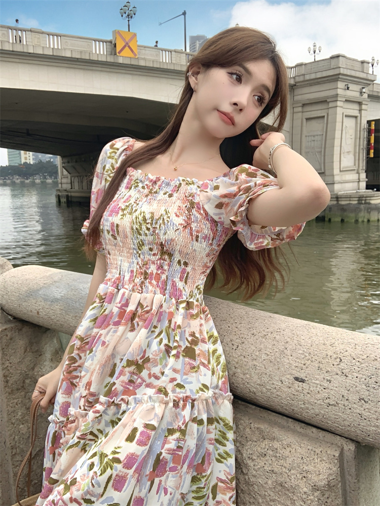 3385實拍~大碼度假吊帶雪紡碎花長長裙巴厘島海邊裙夏