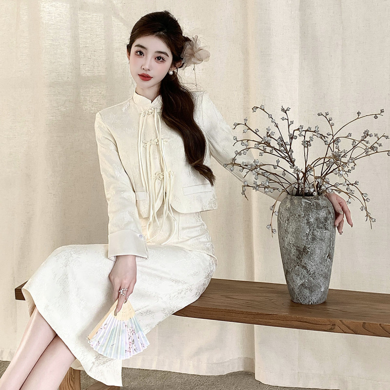 實拍新中式國風氣質名媛套裝裙子女新款提花盤扣兩件套