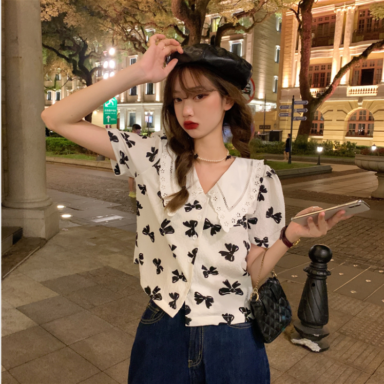 夏裝大碼女裝娃娃領百搭襯衫小眾新款蝴蝶泡泡袖上衣 M-4XL200斤