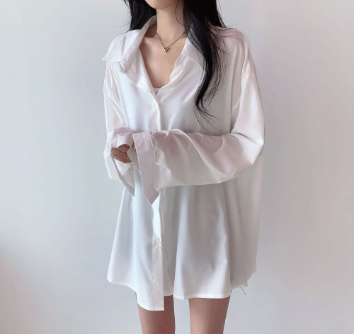 Real shot of large size fat mm 2024 spring new loose lazy top bottoming blouse dress shirt