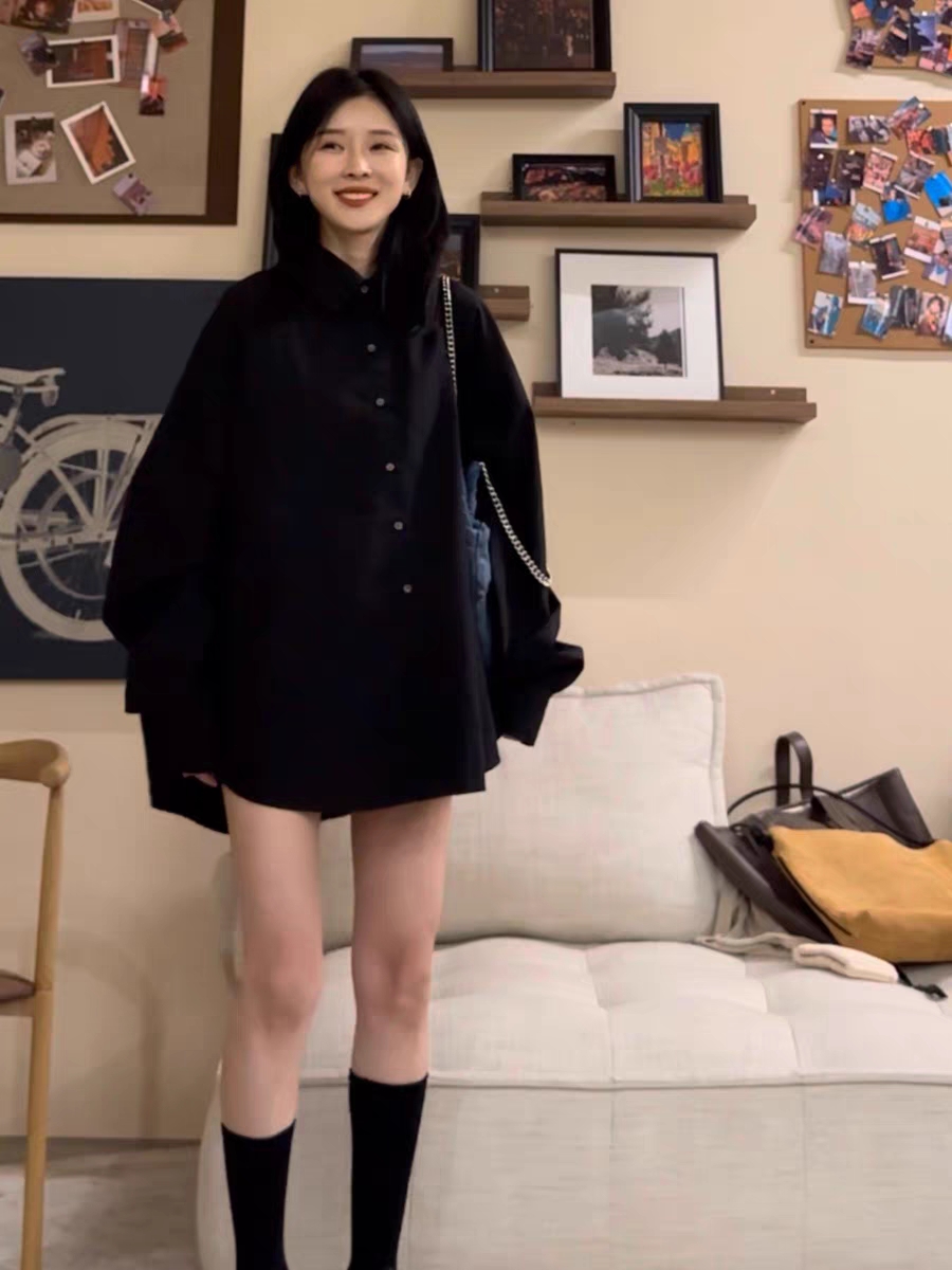 百搭學院風日系純色襯衣女春秋季學生休閒復古設計感寬鬆襯衫潮