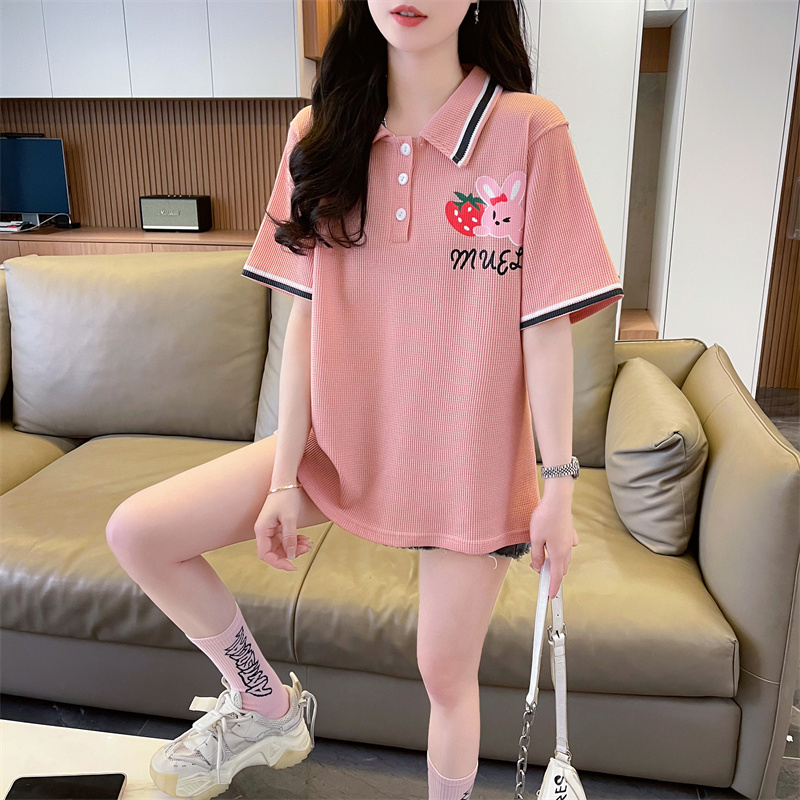 實拍 2024夏季新款韓版寬鬆POLO領卡通印花大碼短袖T恤女