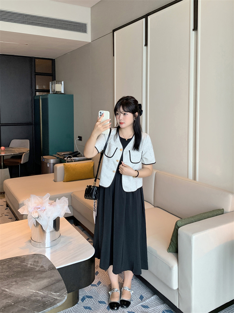 3335+3337實拍夏季氣質小香風外套+赫本風小黑無袖背心連衣裙套裝