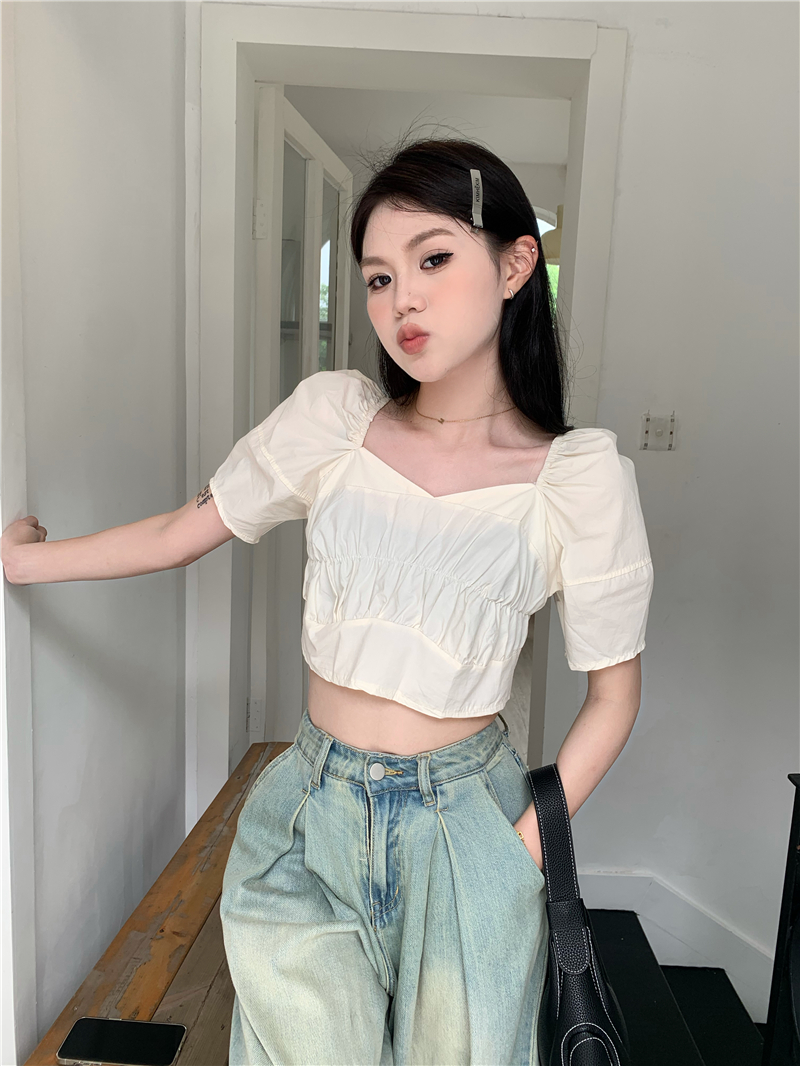 實拍 法式皺褶泡泡袖襯衣短款上衣