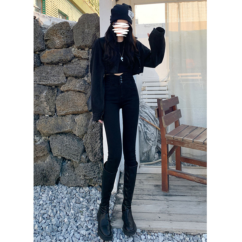 通勤排扣高腰小腳牛仔褲女春秋季新款修身顯瘦個性鉛筆緊身牛仔褲