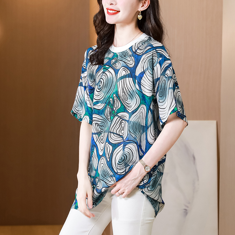 實拍中長款桑蠶絲上衣女2024夏季時尚印花短袖寬鬆T恤衫新款夏季