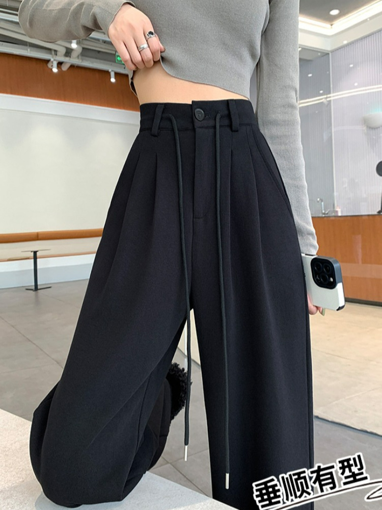 High-end gray drawstring sweatpants for women, spring and autumn new high-waisted wide-leg pants, casual and versatile sweatpants