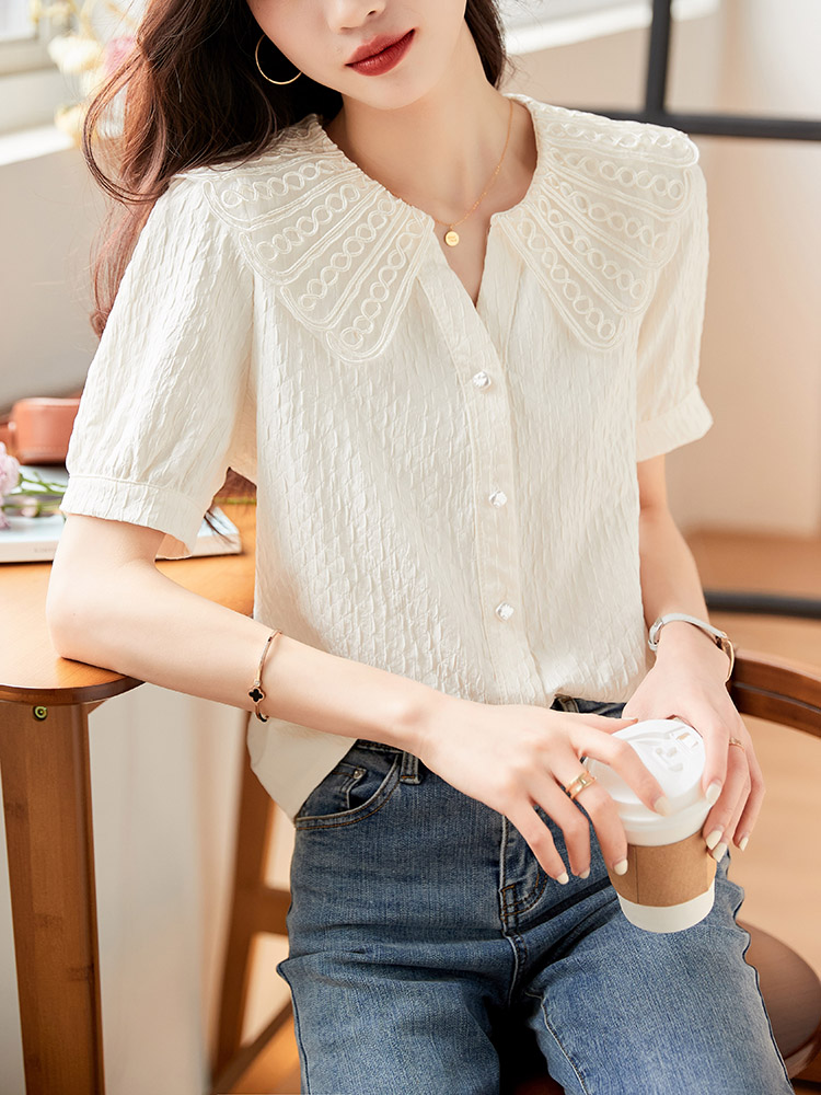*好質量*2024年夏季新款荷葉邊娃娃領減齡襯衫女雪紡舒適短袖上衣