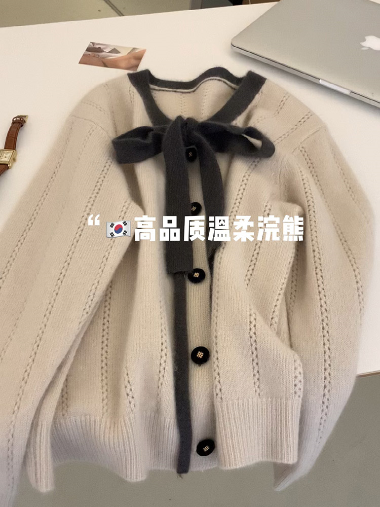 溫柔風軟糯蝴蝶結v領針織開衫女春秋加厚設計感小眾毛衣外套上衣