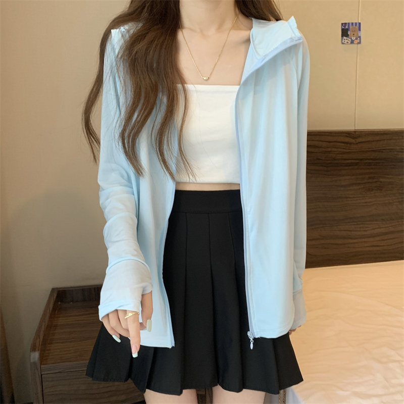 實拍 新款夏季防紫外線透氣薄款冰絲連帽百搭防曬服上衣女