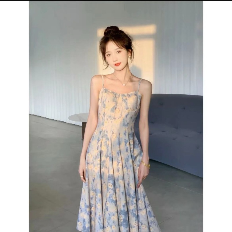 SHAOER莫奈碎花吊帶連衣裙高腰顯瘦復古印花長裙S041204