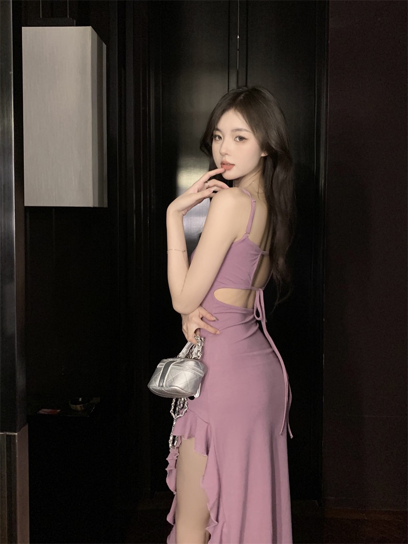 實拍~辣妹純欲不規則側開叉吊帶連衣裙女夏季新款修身包臀裙