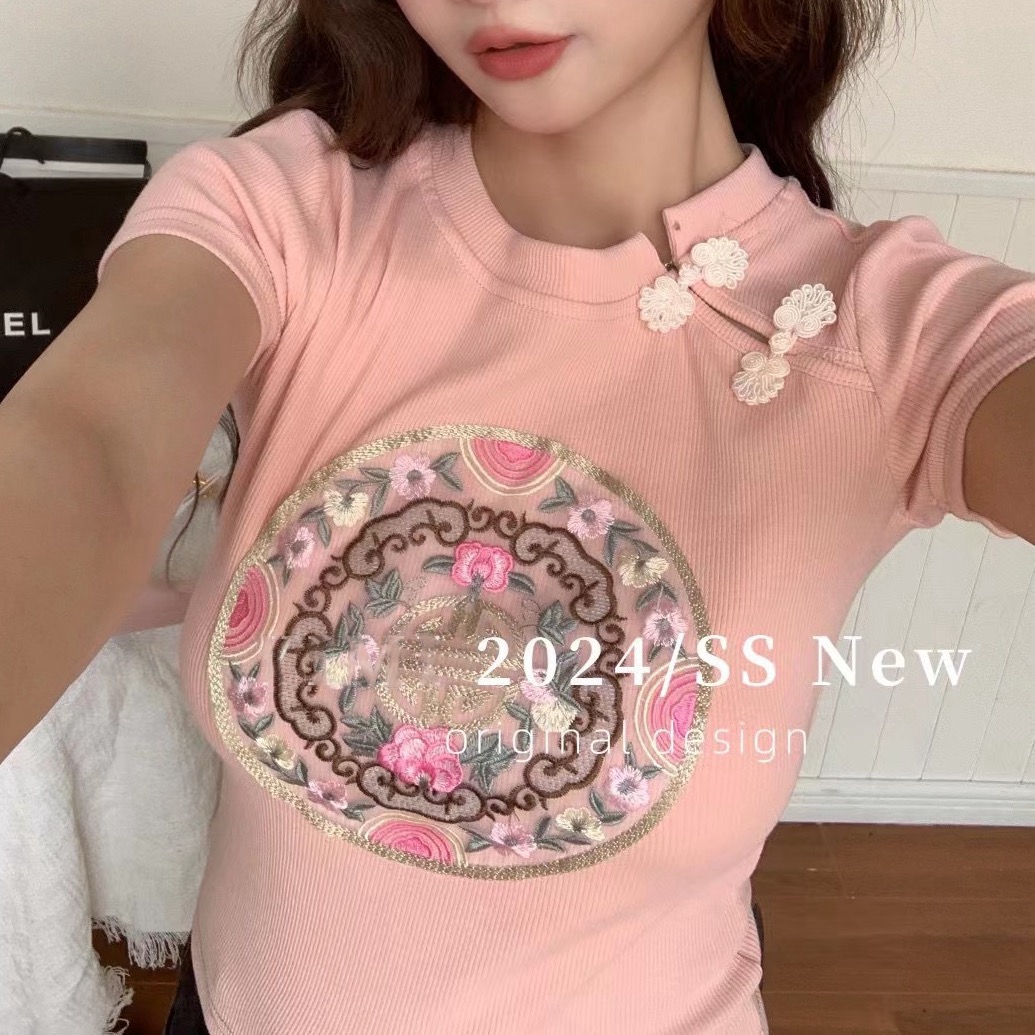 中式盤扣印花短袖T恤女2024早春裝新款甜辣短款小上衣夏季