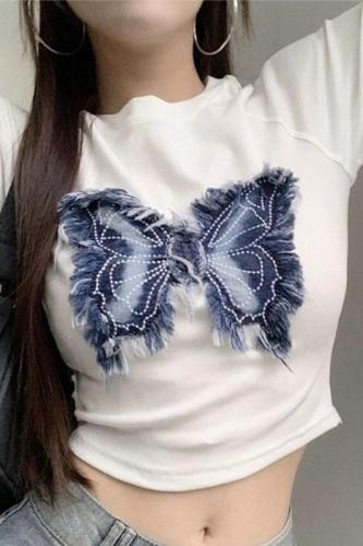 美式立体蝴蝶正肩修身短款t恤女夏季机能风辣妹设计感短袖上衣服