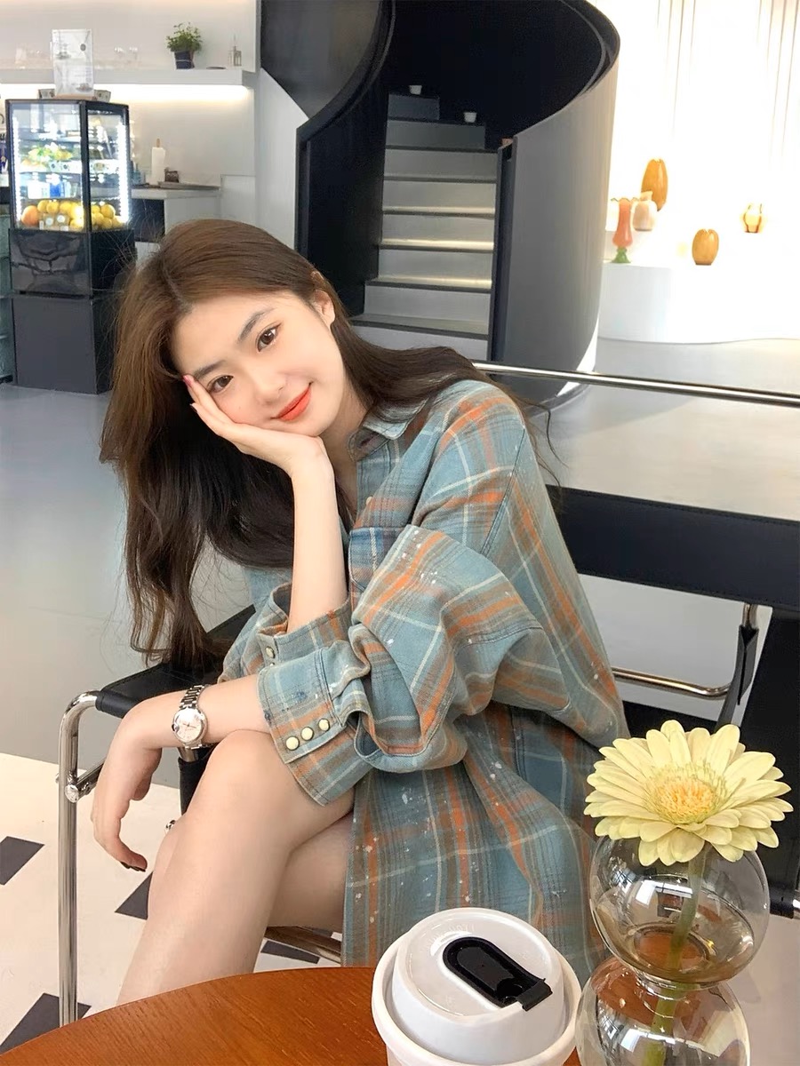 純棉水洗印花格子襯衫女寬鬆bf慵懶風襯衣計感春秋款