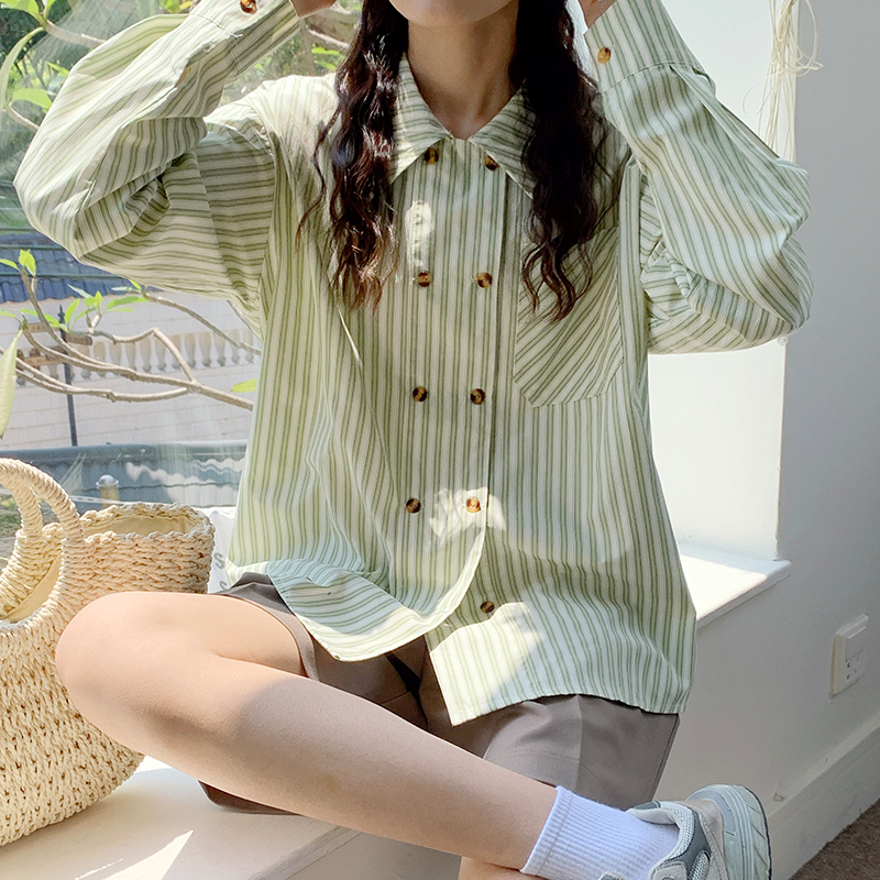 法式綠色雙排扣條紋襯衫女春季寬鬆復古翻領襯衣