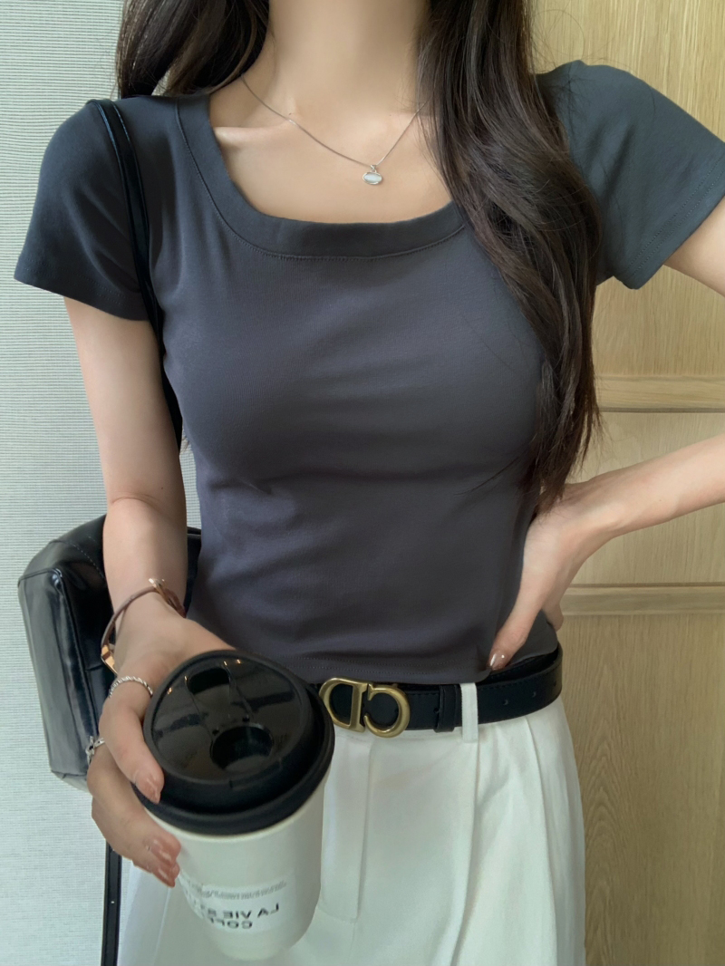 Real shot 40 count pure cotton 2024 summer large round neck high waist short solid color T-shirt women's short sleeves