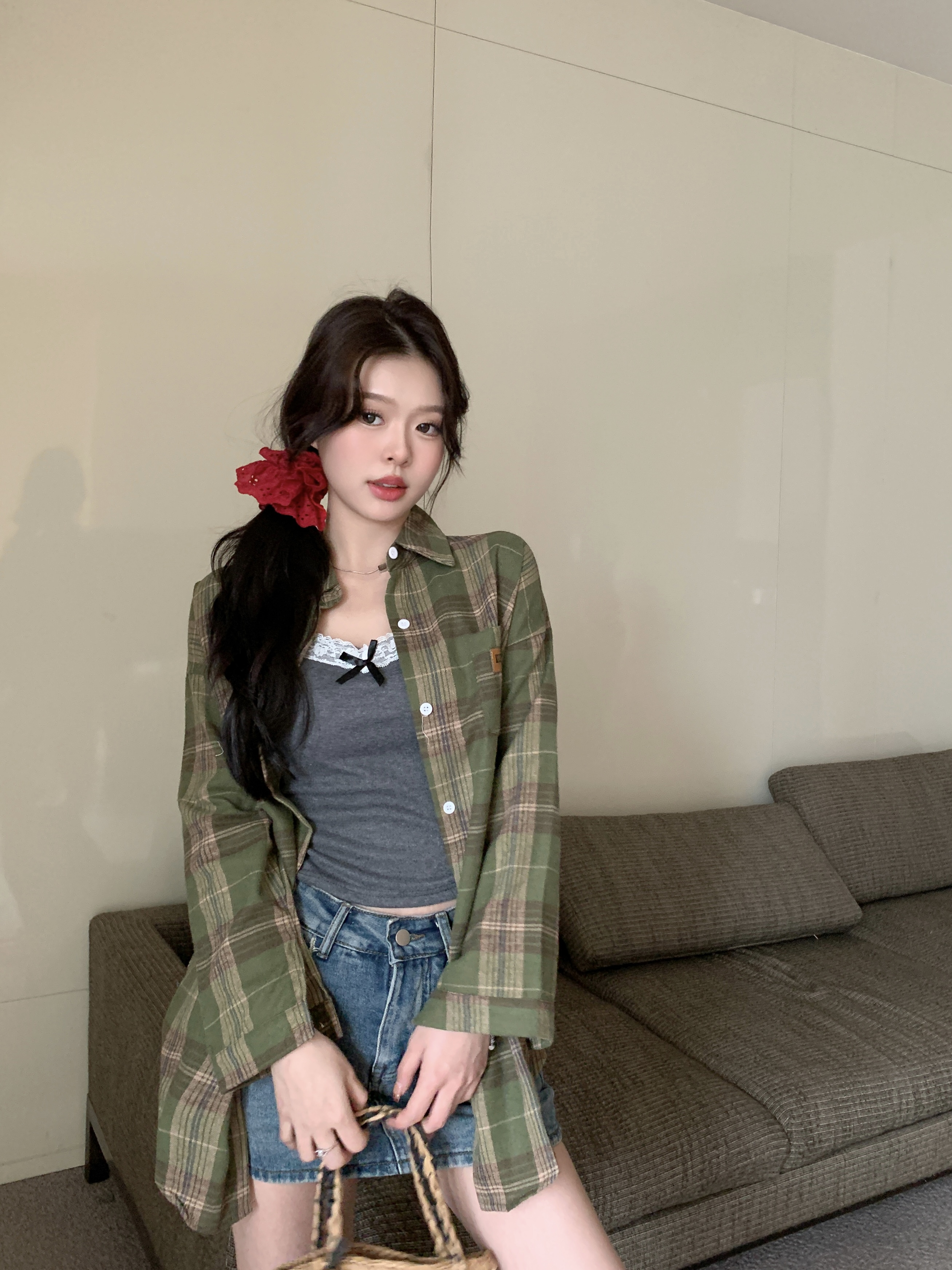實拍 新款寬鬆復古綠色格子慵懶風襯衫開衫女