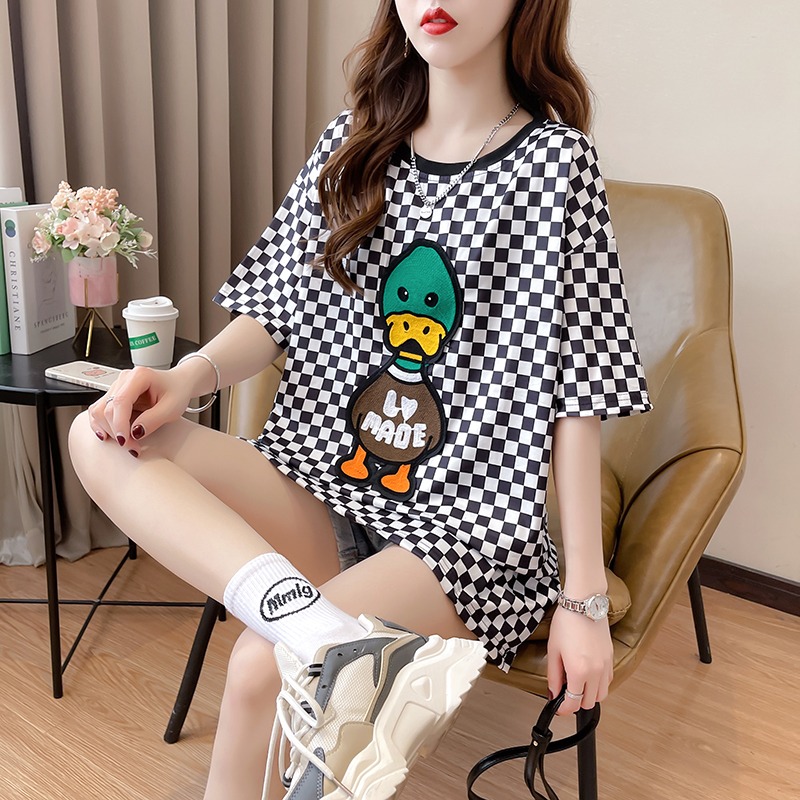 實拍6535棉2024夏季超火格子卡通鴨子刺繡圓領短袖T恤女