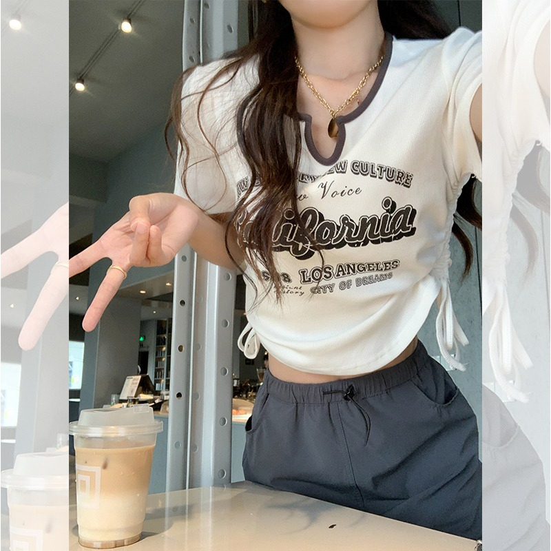 印花短袖T恤女夏季新款美式正肩短款設計感抽繩修身上衣潮